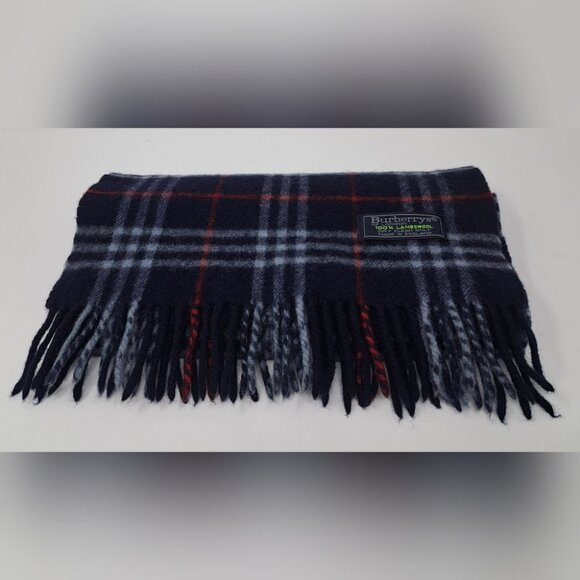 Burberry Vintage Scarf Navy Check 100% Lambswool England 90s Y2K 60" x 11" - Picture 1 of 13